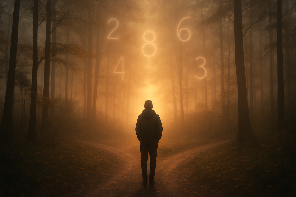 A person standing at a misty forest crossroads symbolizing new beginnings and angel number 1414