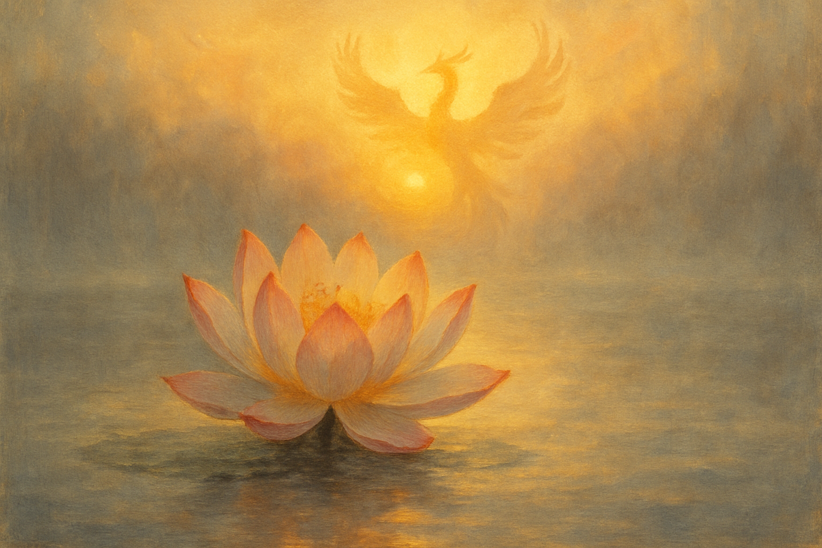 Lotus flower opening at sunrise with a faint phoenix silhouette rising behind it