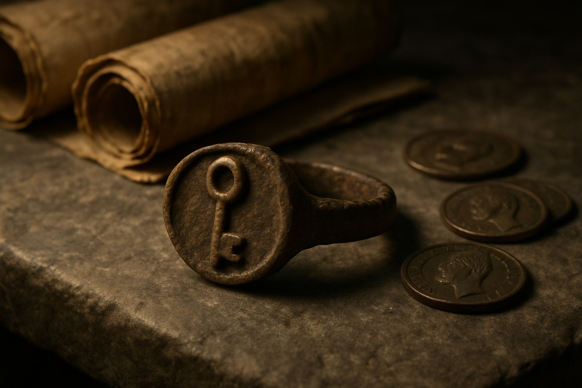 Ancient Roman iron engagement ring with a key motif on stone surface