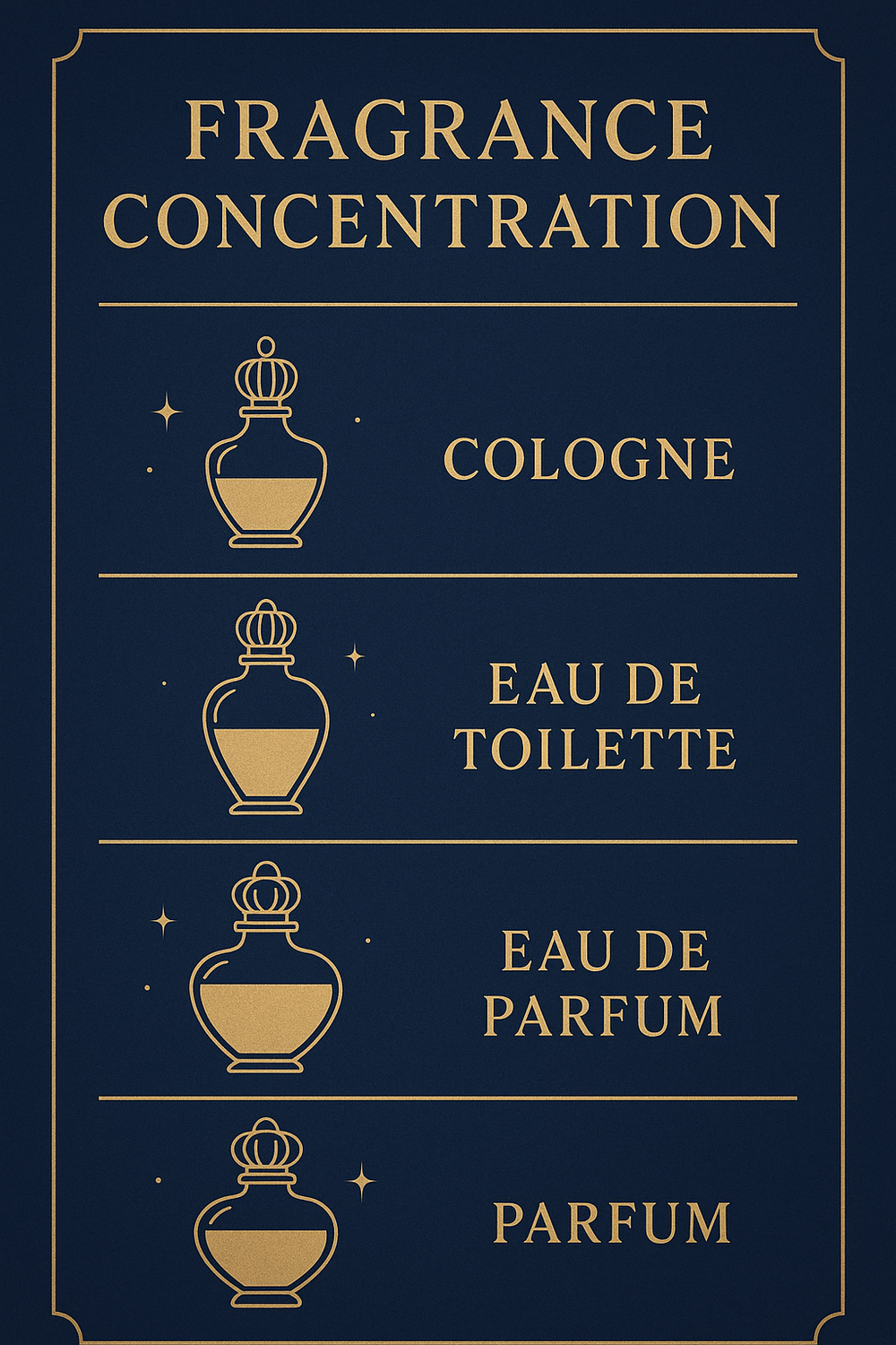 Infographic comparing fragrance concentration levels: Cologne, Eau de Toilette, Eau de Parfum, and Parfum