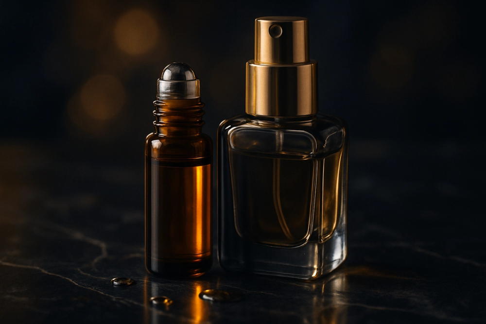 Perfume oil rollerball bottle next to a spray atomizer bottle