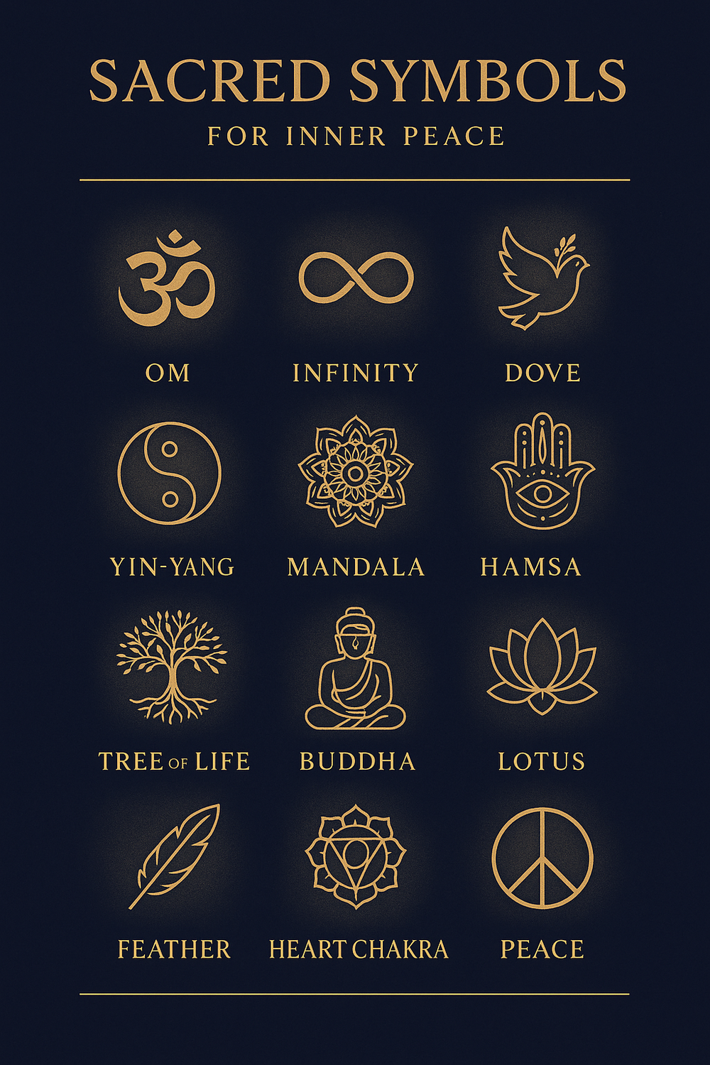 Infographic of 12 symbols for inner peace including Om, Yin-Yang, Lotus, and Hamsa Hand