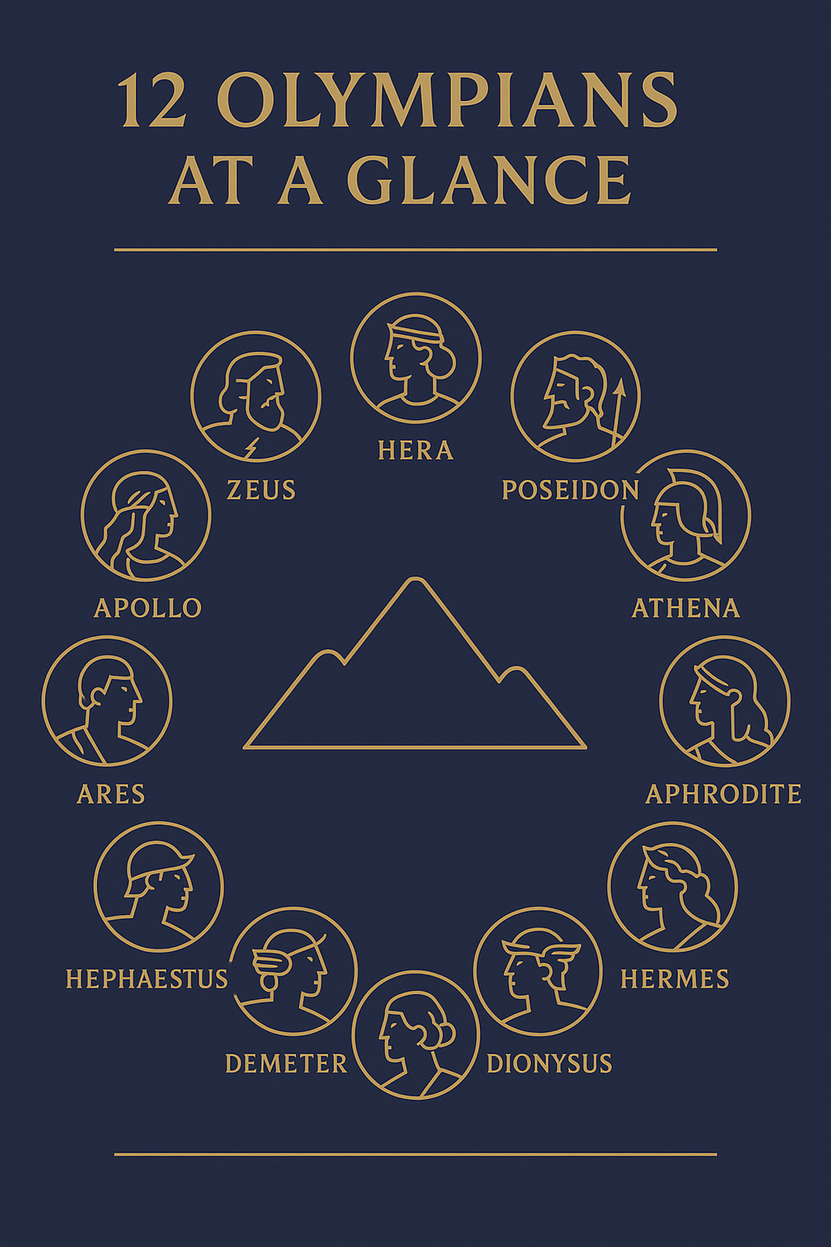 12 Olympians at a glance infographic showing each god's name and domain