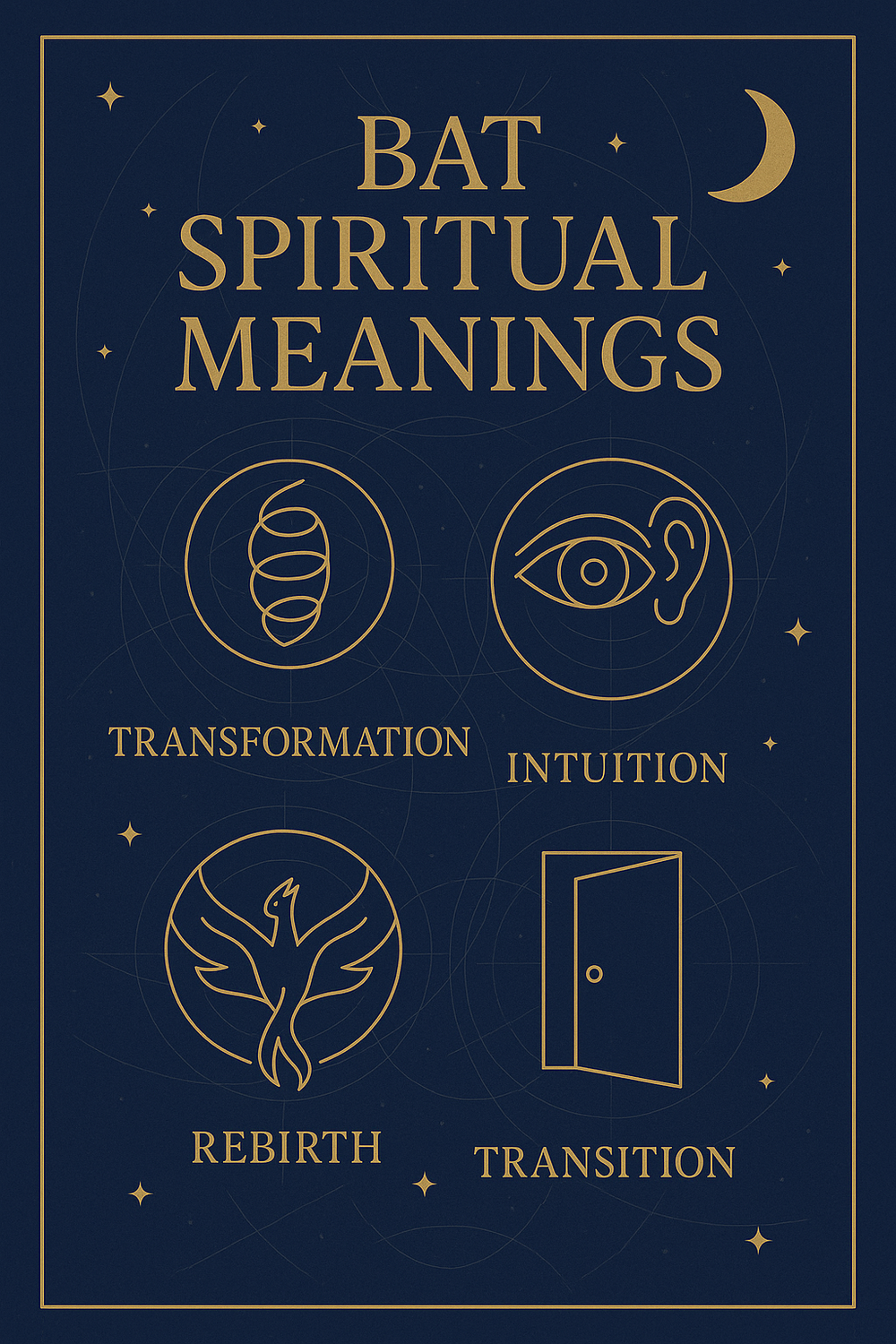 Infographic of core bat spiritual meanings: transformation, intuition, rebirth, transition