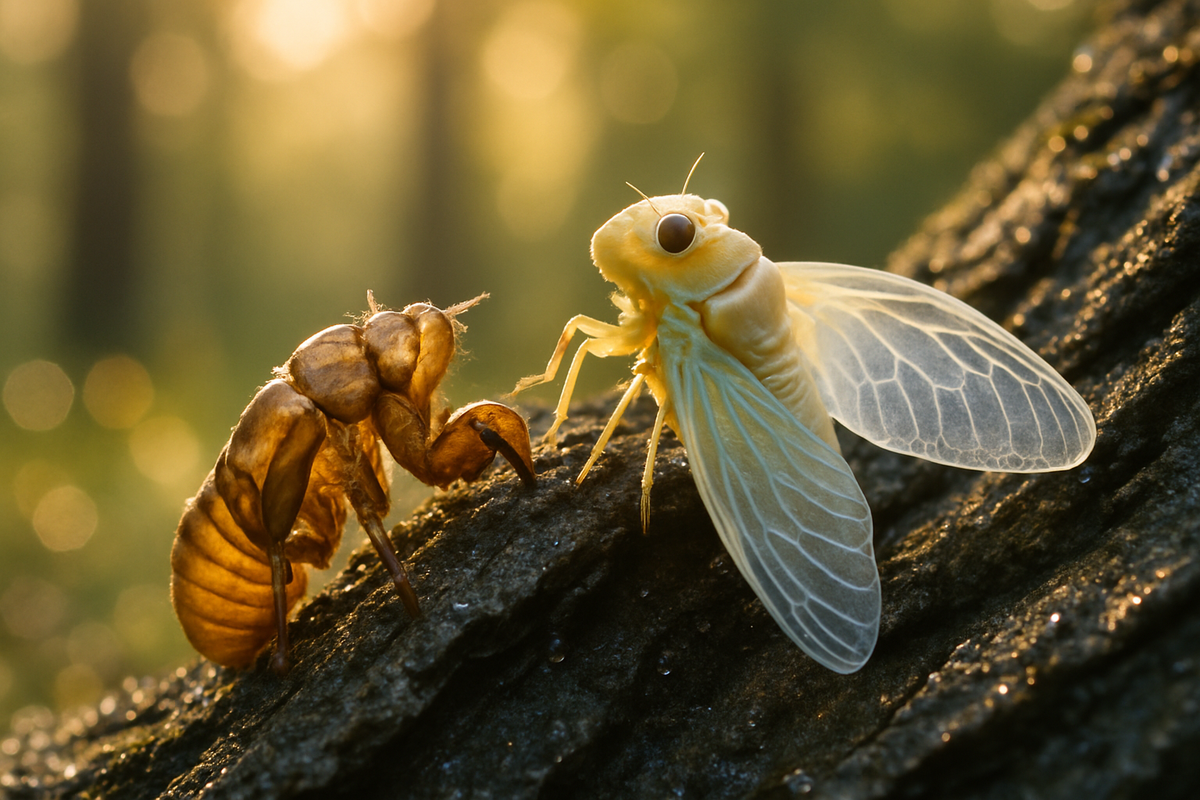Cicada clinging to tree bark beside its empty translucent shell in soft morning light