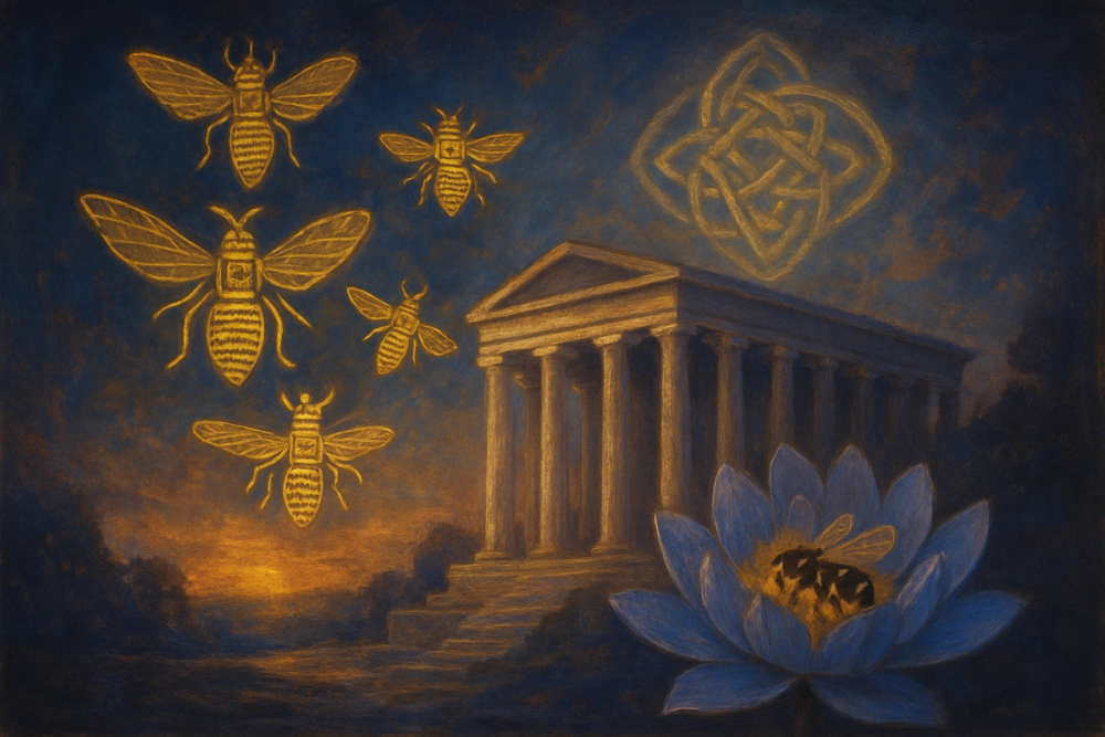 Symbolic bees connecting ancient Egyptian, Greek, Celtic and Hindu mythology