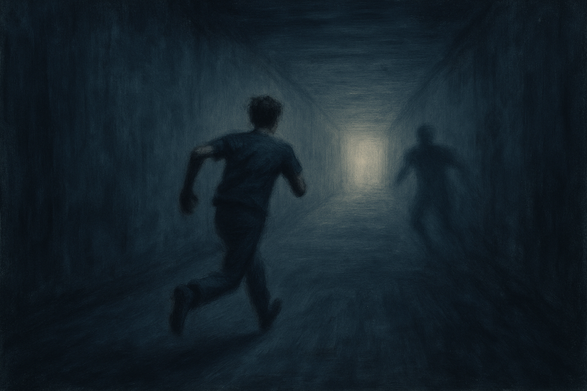 Surreal illustration of a figure running through a dark corridor being chased by a shadow