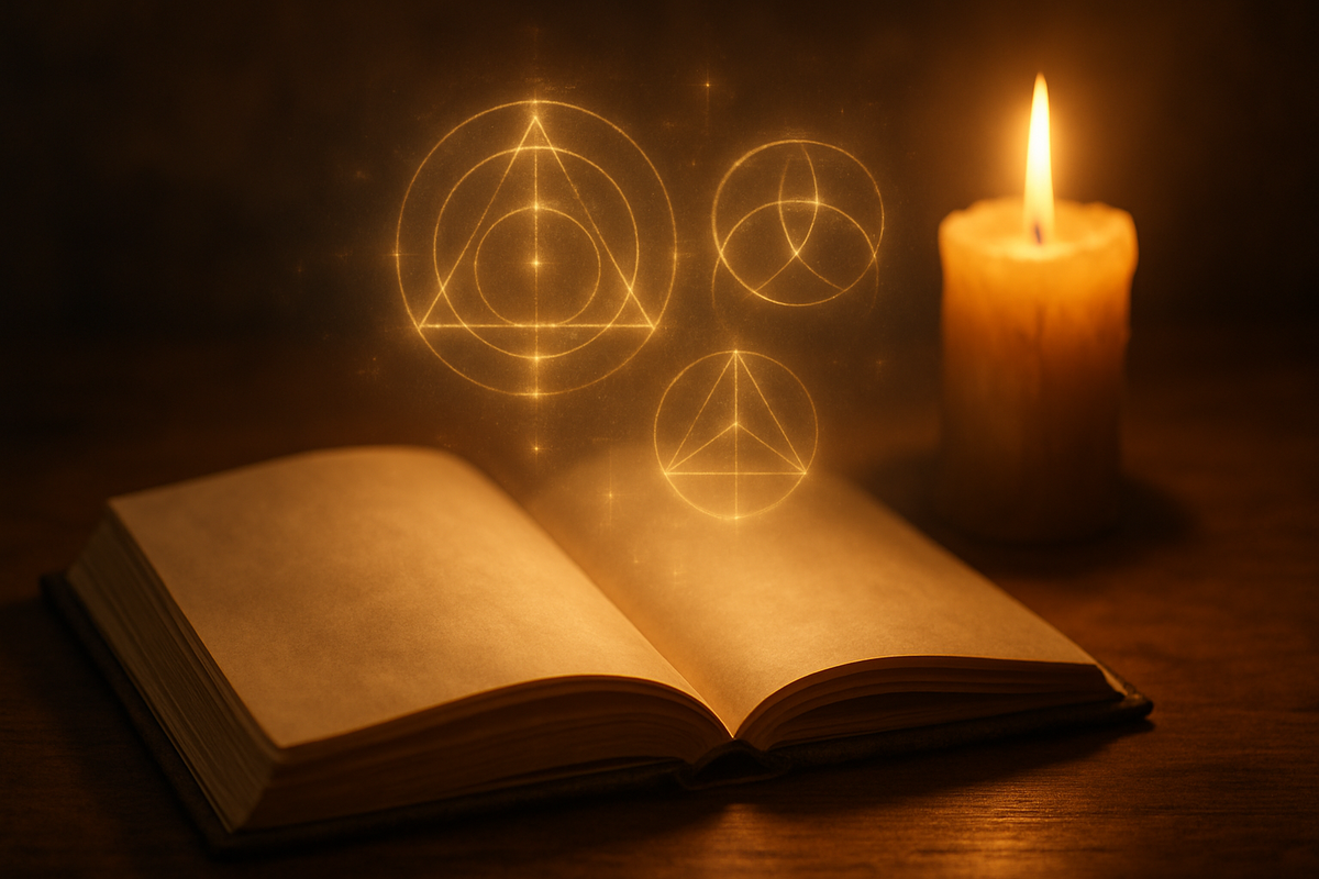 Journal and candle glowing softly with mystical light representing spiritual reflection