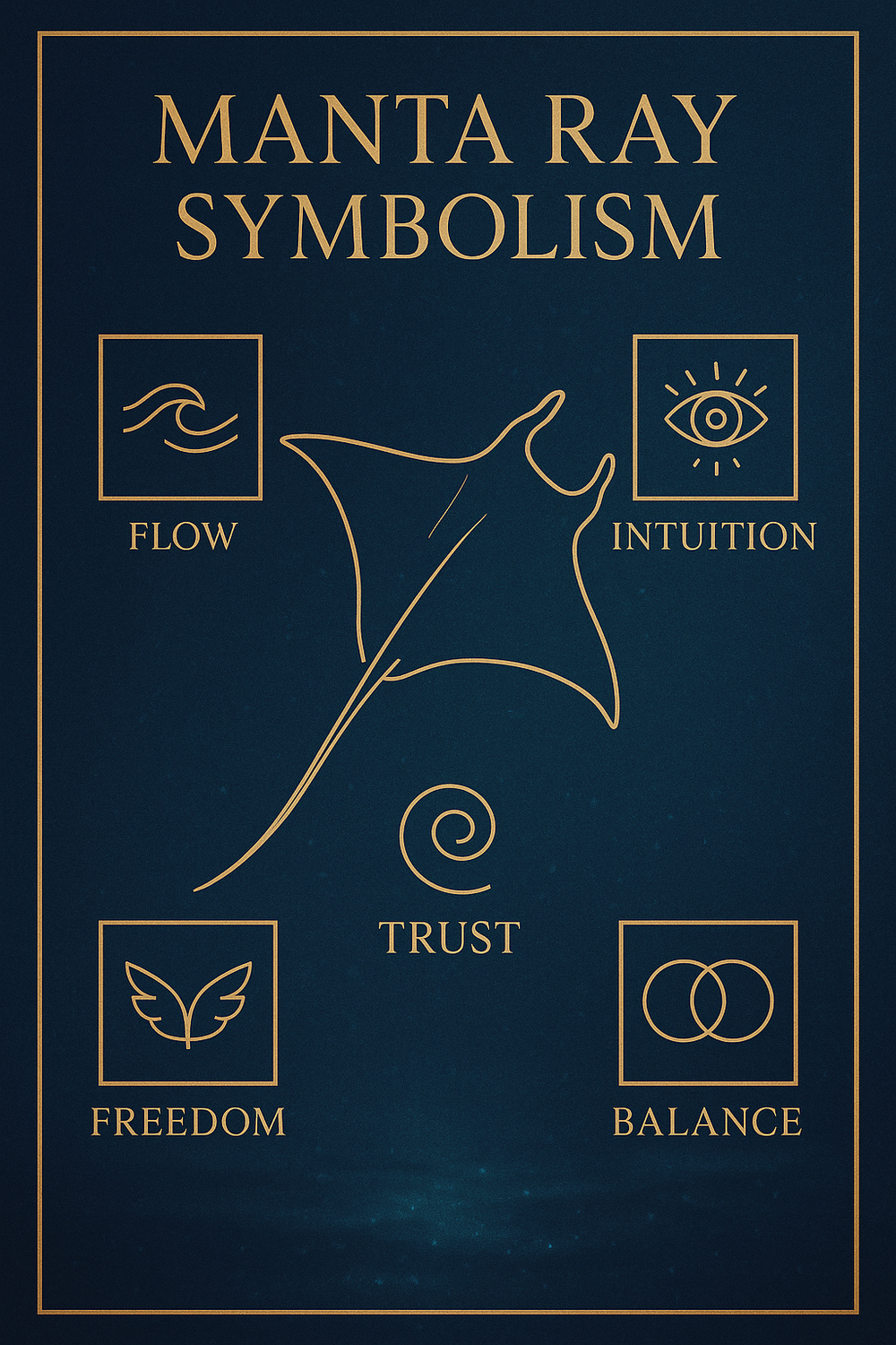 Manta ray symbolism infographic showing flow, intuition, freedom, trust and balance