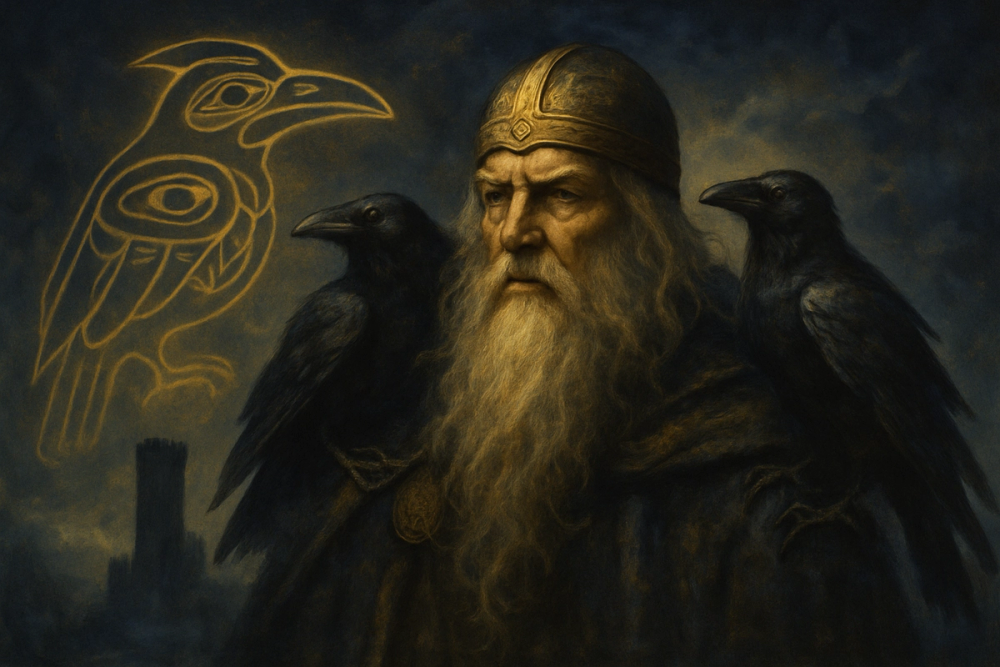 Symbolic depiction of raven mythology across Norse, Native American, and European traditions