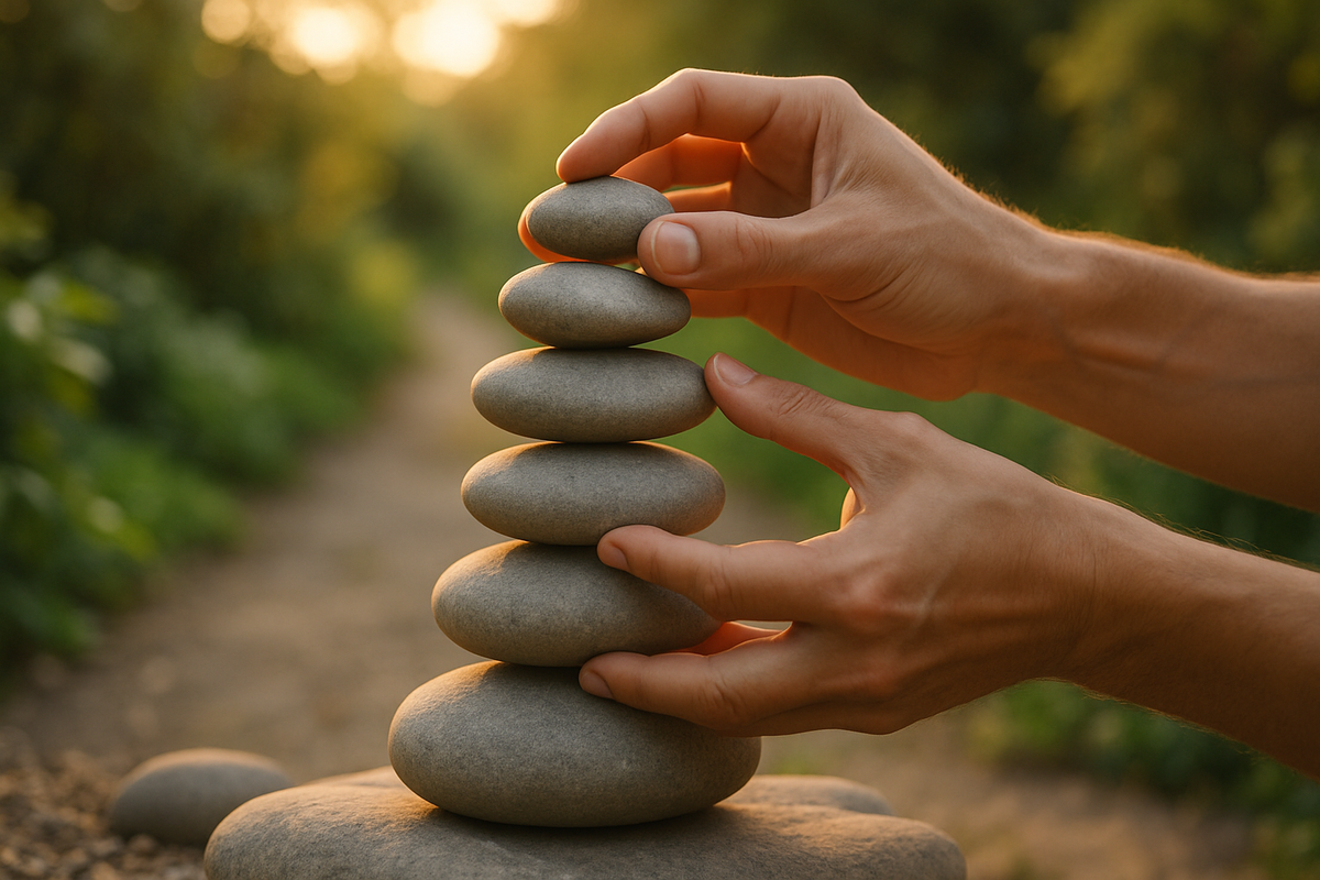 Hands stacking balanced stones representing stability and steady progress
