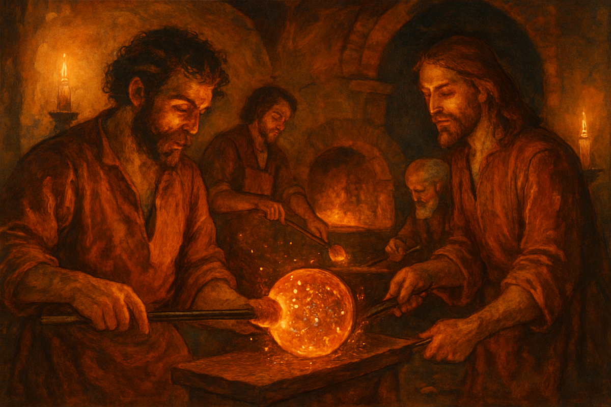 Illustration of Murano glassmakers creating sparkling amber aventurine glass in a candlelit workshop