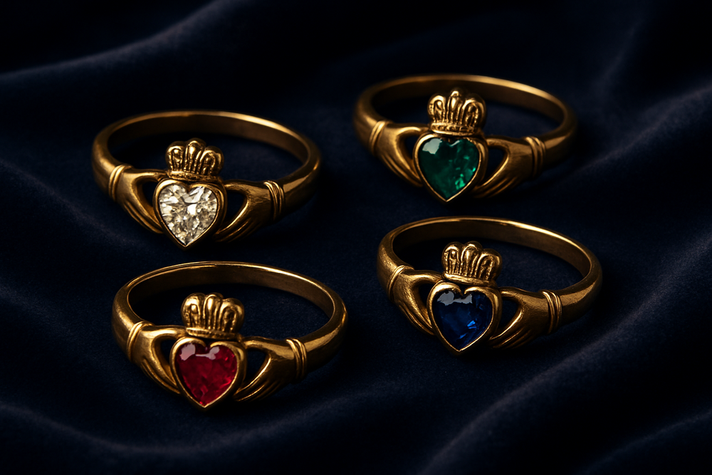 Claddagh rings featuring diamond, emerald, ruby, and sapphire gemstones