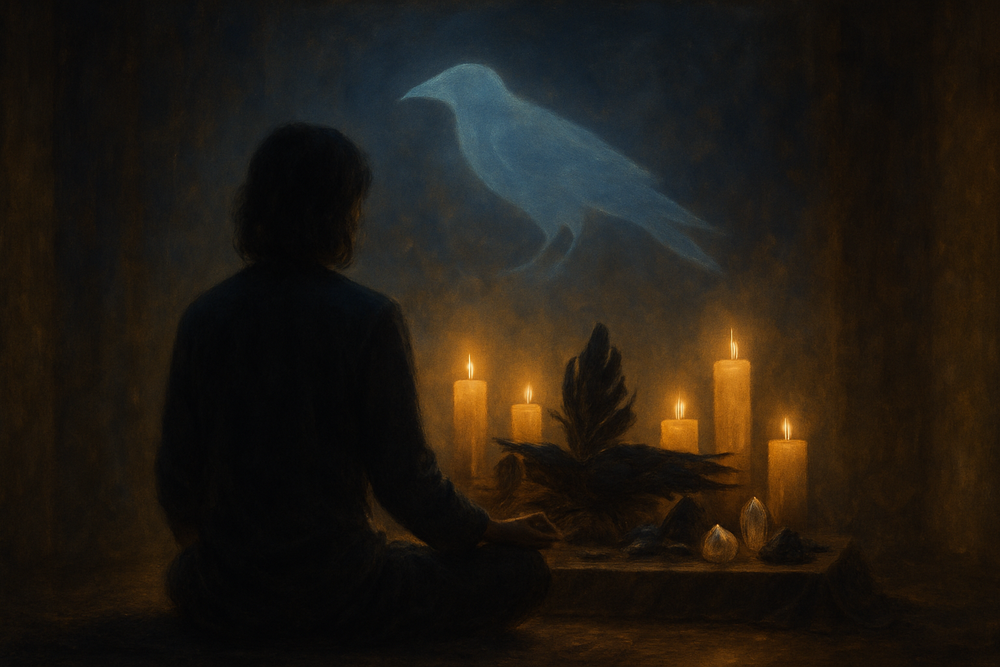 Person meditating with crow feathers and candles on a spiritual altar