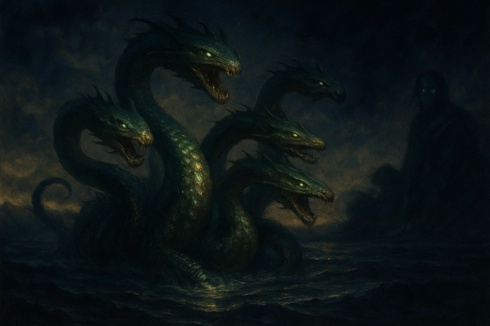 Hydra emerging from dark waters symbolizing multiplying envy