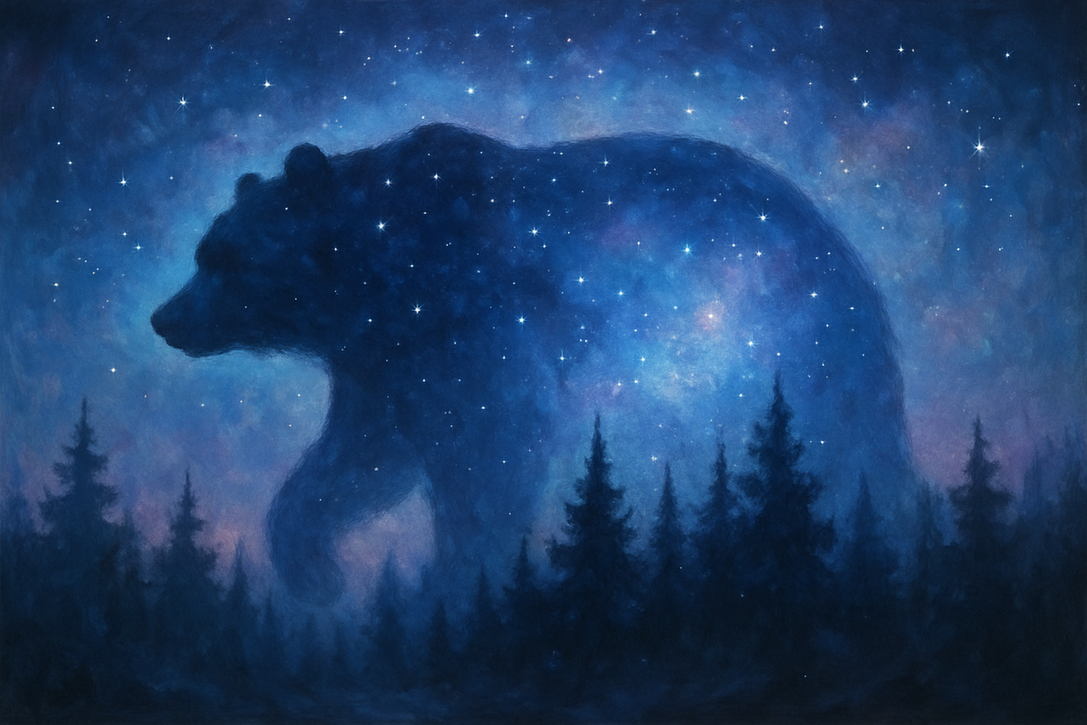 Surreal bear silhouette merging with a starry night sky representing dream symbolism