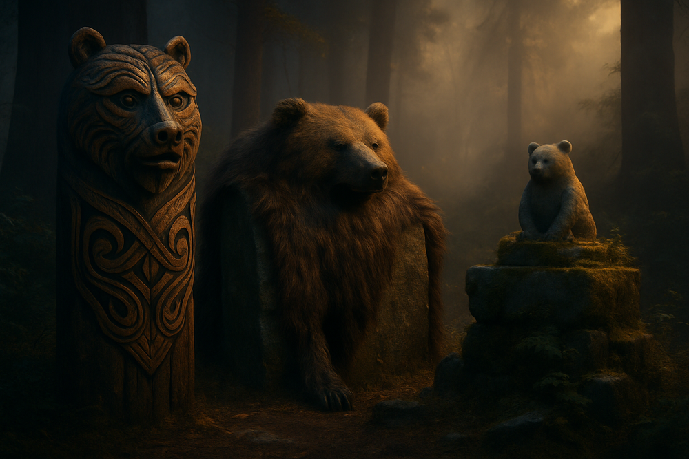 Sacred bear carvings and symbols representing Native American, Norse, and East Asian bear traditions