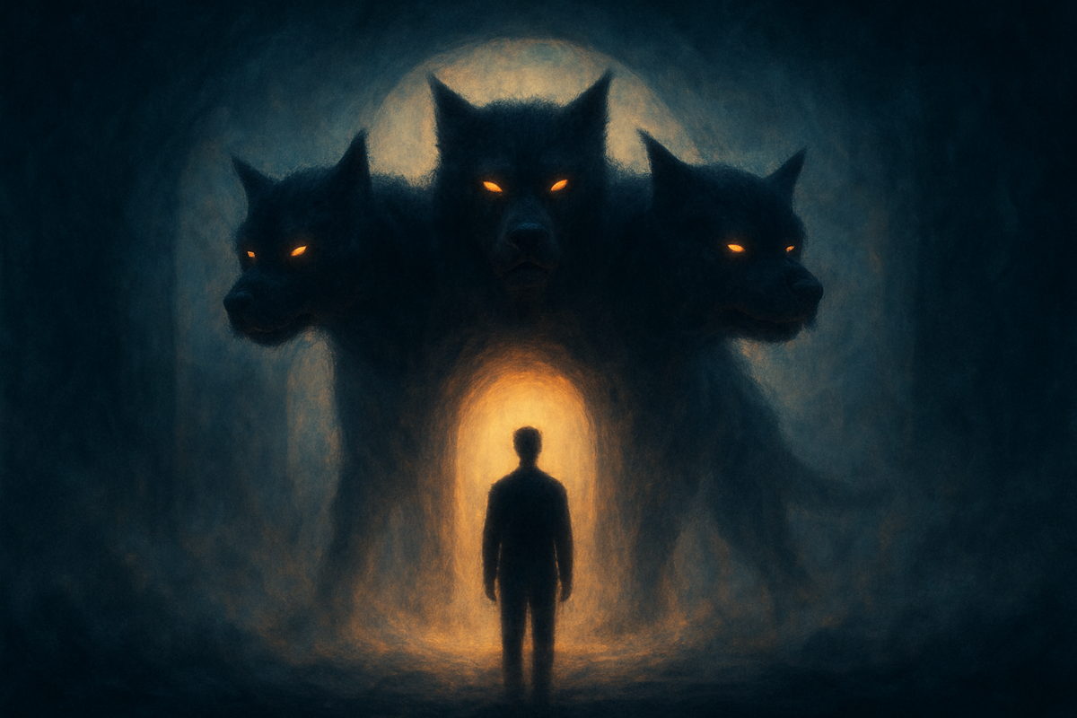 Silhouetted figure facing a shadowy three-headed guardian at a misty threshold, symbolizing dreams of Cerberus