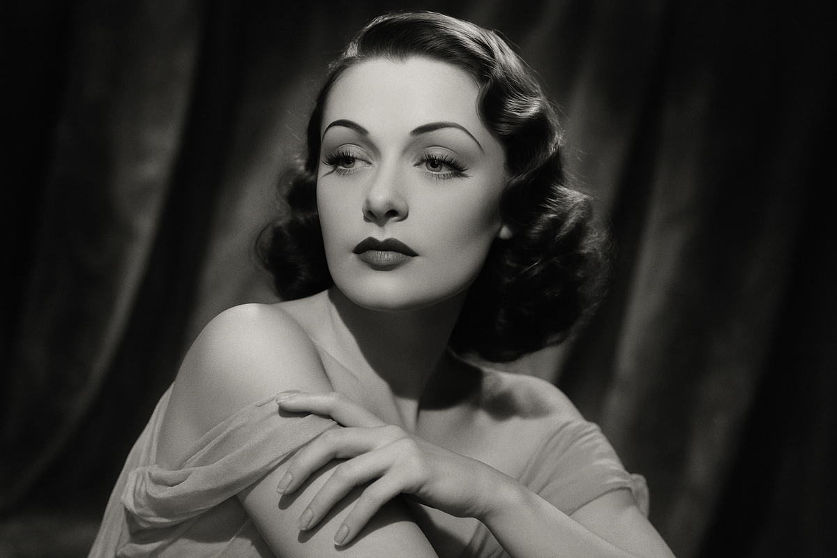 1930s Hollywood glamour makeup look with arched brows and dark lips