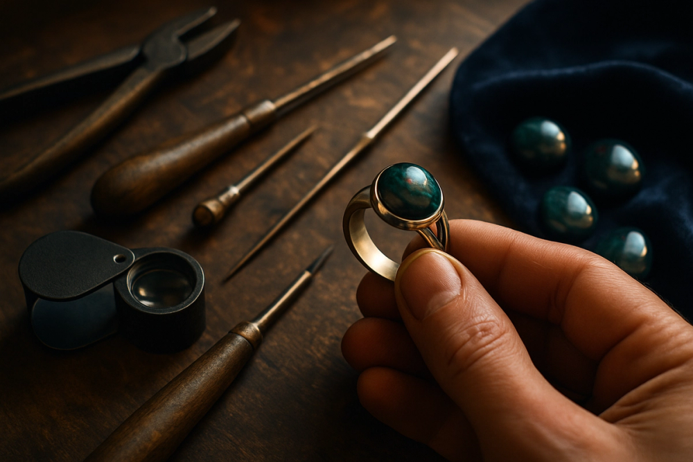 Jeweler crafting a bloodstone ring setting