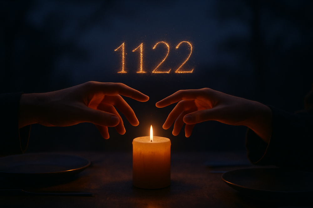 Two hands reaching toward each other with glowing golden light symbolizing 1122 in love and relationships