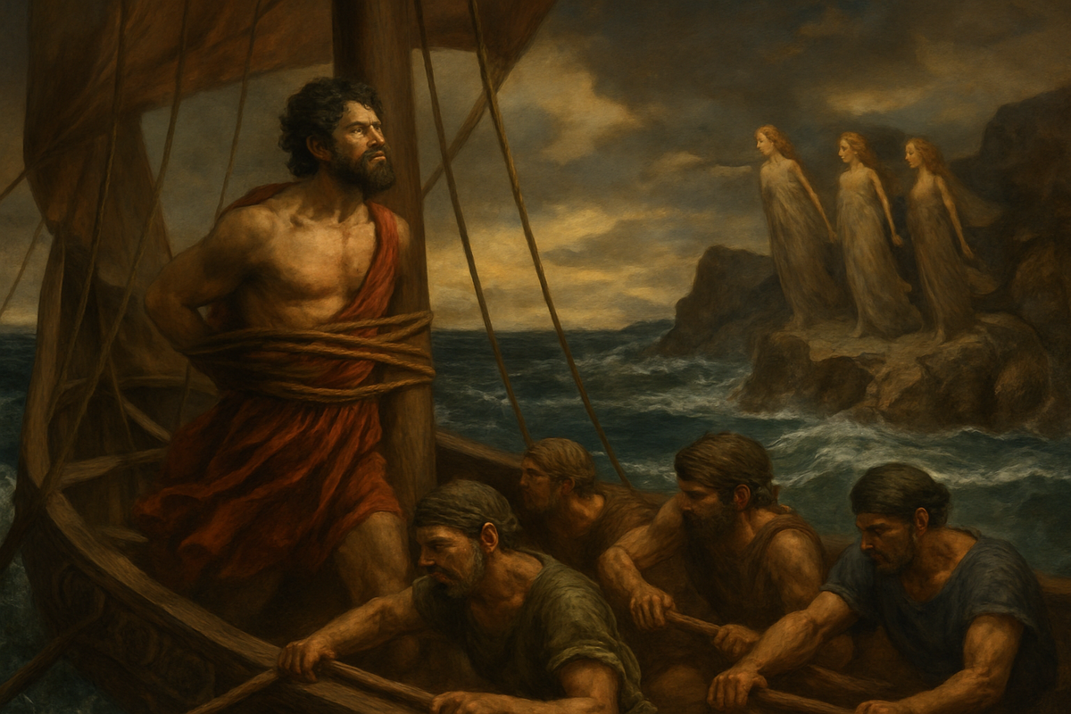 Odysseus bound to the mast of his ship while sailors row past the singing Sirens