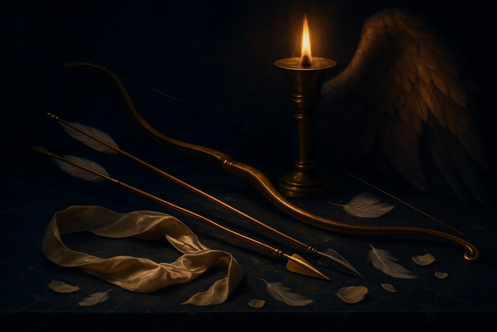 Symbolic objects associated with Eros: bow, arrows, torch, wings, and roses