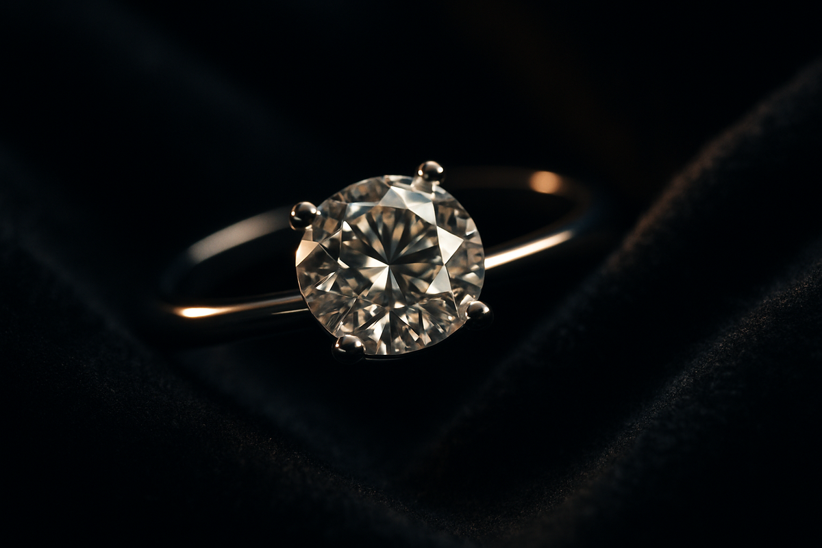 Diamond solitaire engagement ring on dark velvet fabric
