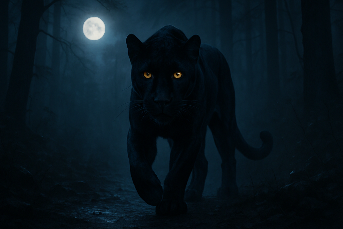 black panther walking through moonlit forest at night