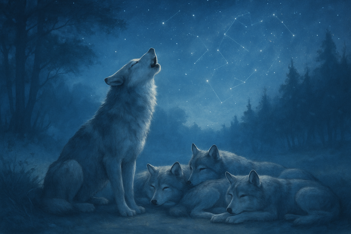 A wolf howling under a starry night sky beside its resting pack