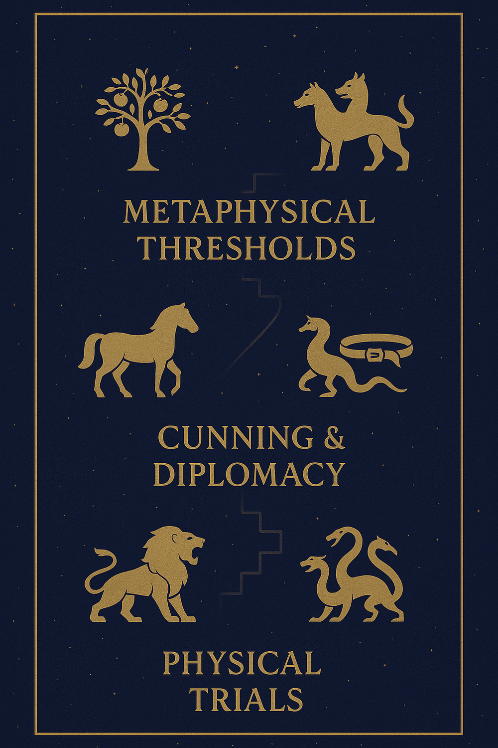 Infographic showing the symbolic arc of Heracles' Twelve Labors from physical trials to metaphysical thresholds