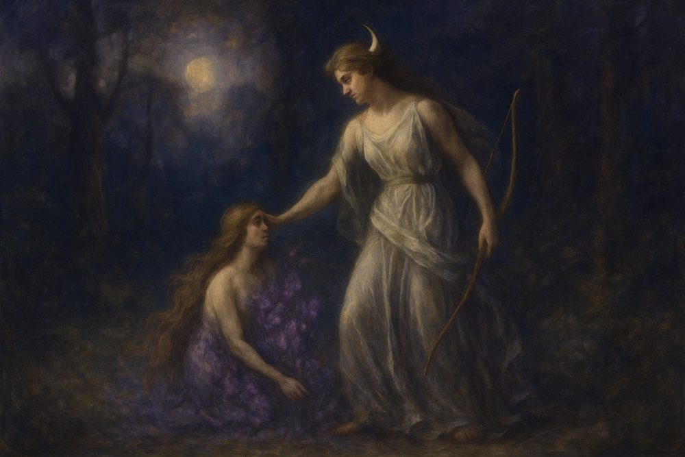 Artemis and the nymph transformed into violets, Greek mythology
