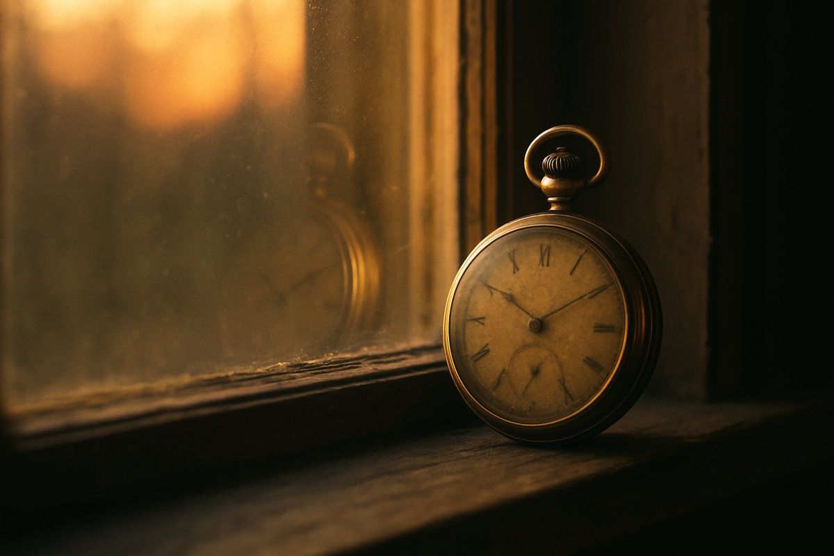 Antique pocket watch on a windowsill at dusk symbolizing divine timing