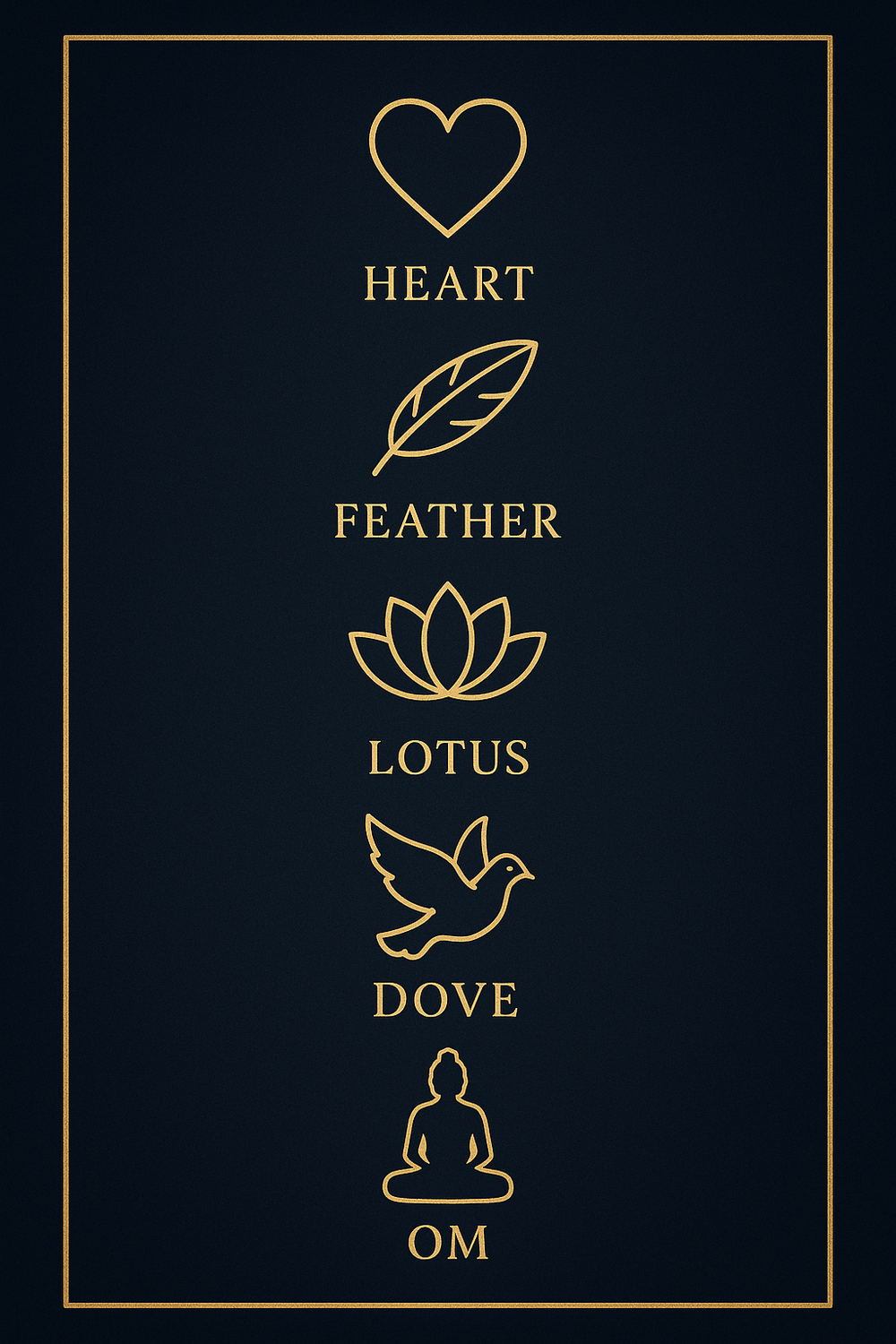 Infographic of key kindness symbols including heart, feather, lotus, dove, Buddha, and Om