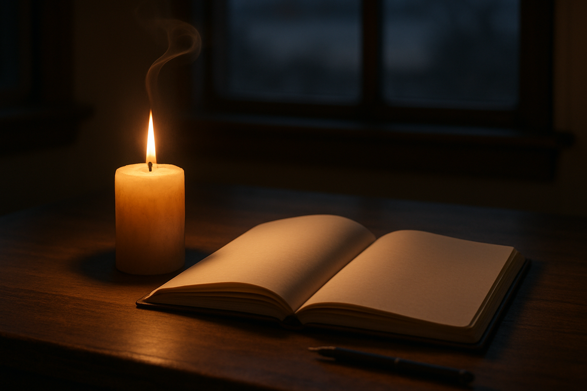 A candle and open journal symbolizing reflection and new beginnings