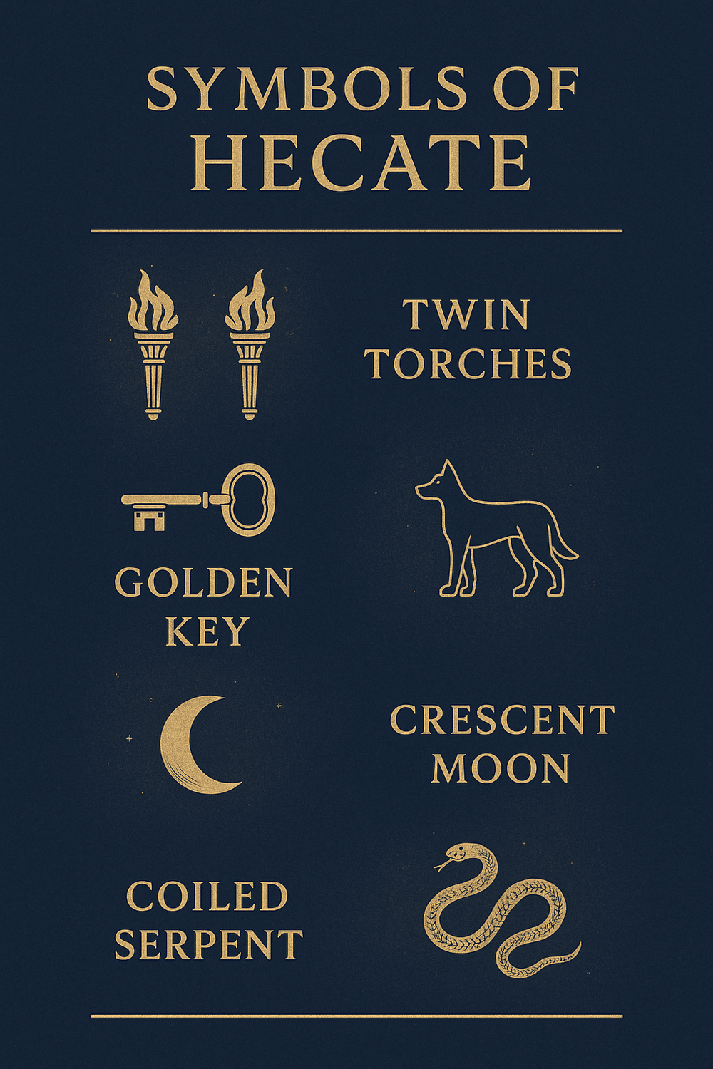 Infographic of Hecate's sacred symbols: torches, keys, dogs, crossroads, moon, serpents