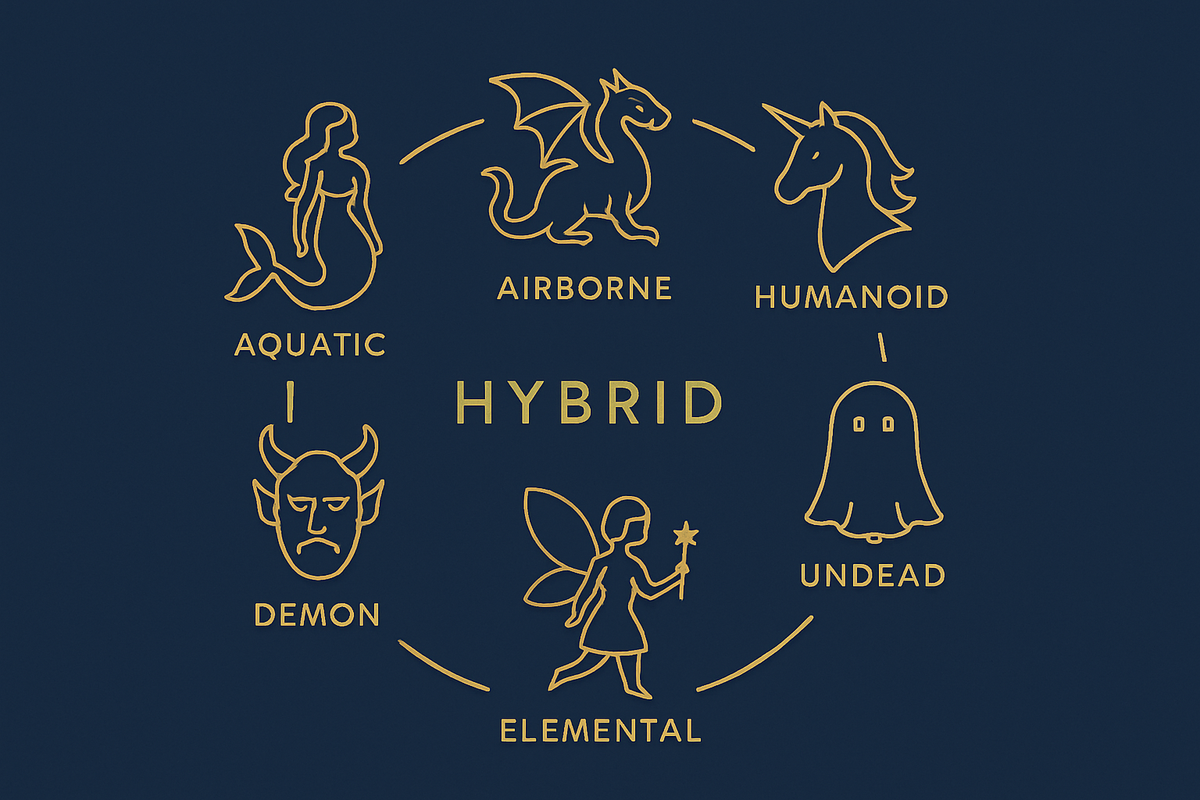 Infographic showing six categories of mythical creatures