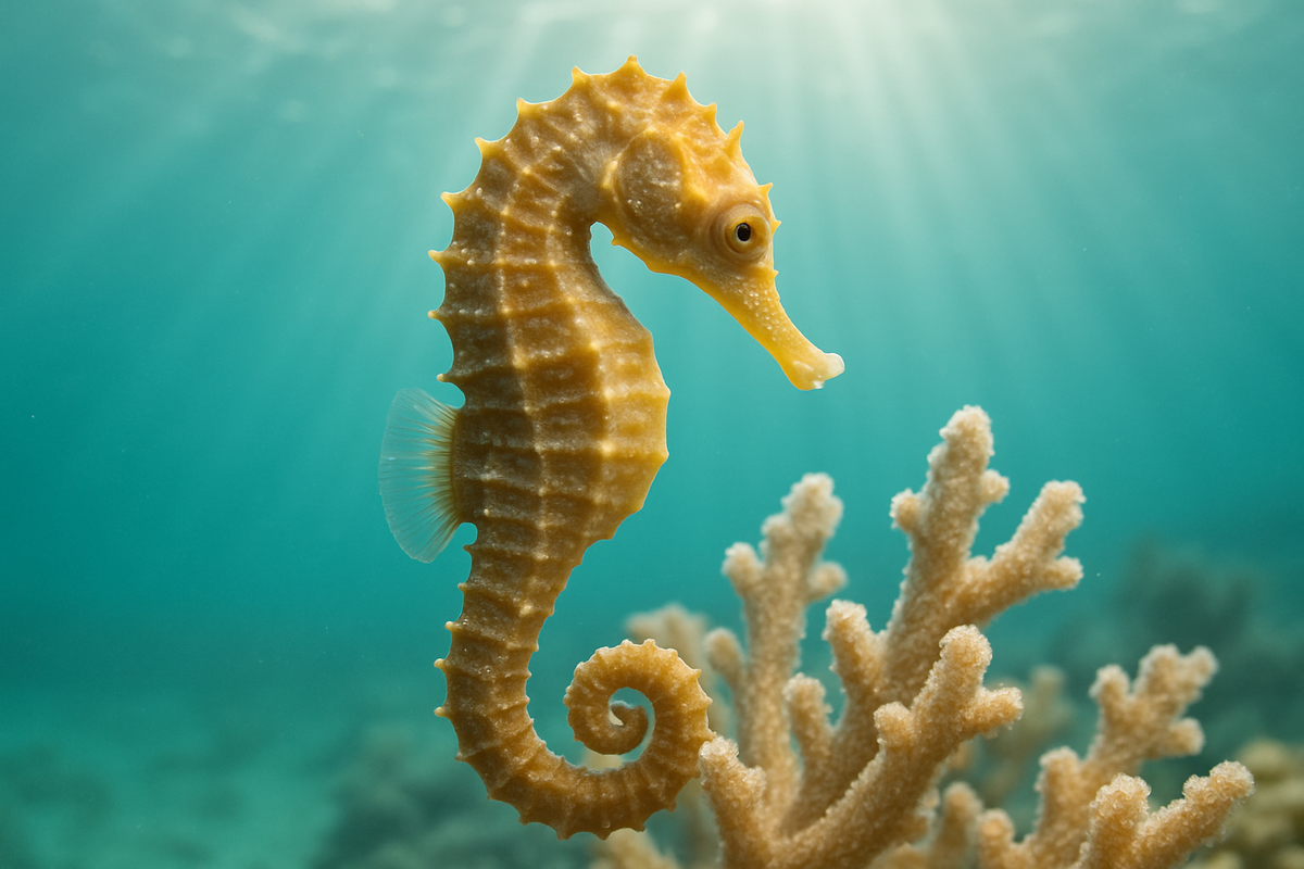 Seahorse anchored to coral in calm blue ocean water symbolizing patience and stability