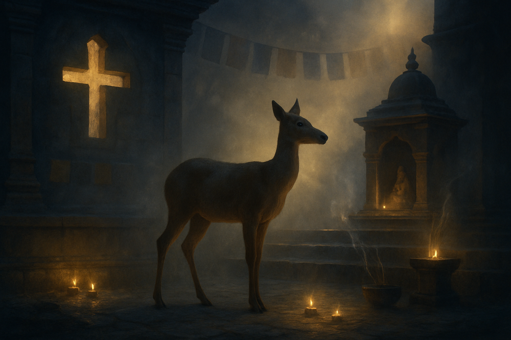 Deer standing among sacred symbols of world religions at dusk