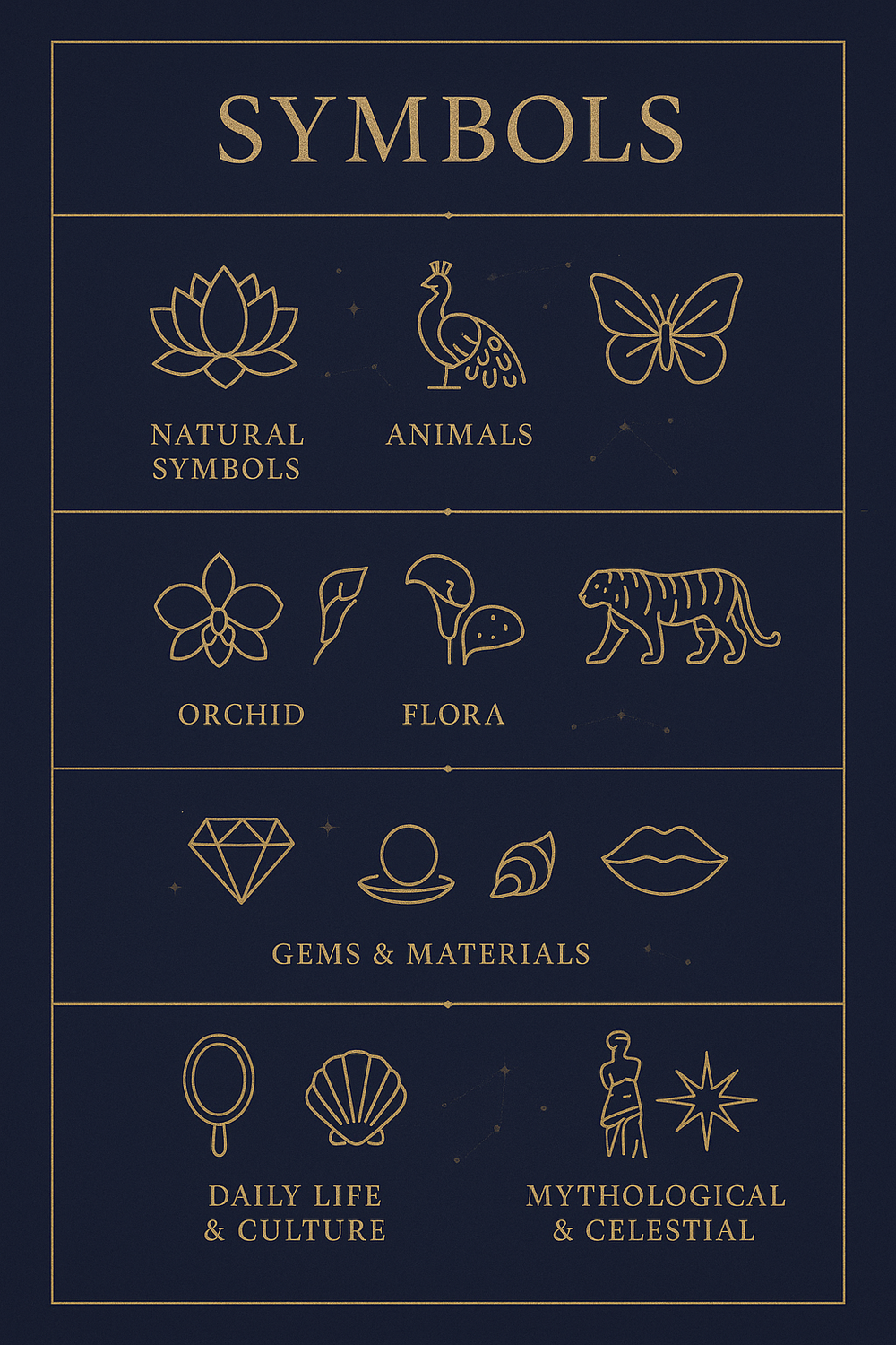 Infographic of universal beauty symbols categorized by nature, animals, flora, gems, culture, and mythology