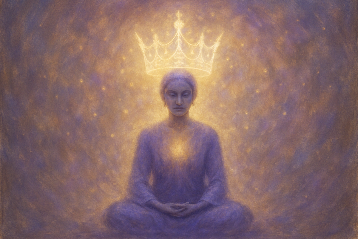 Glowing symbolic crown of light above a meditating figure representing the crown chakra