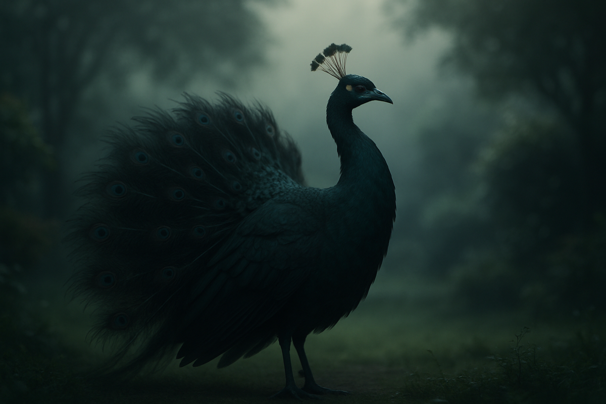 Rare black peacock with dark iridescent feathers symbolizing mystery and transformation