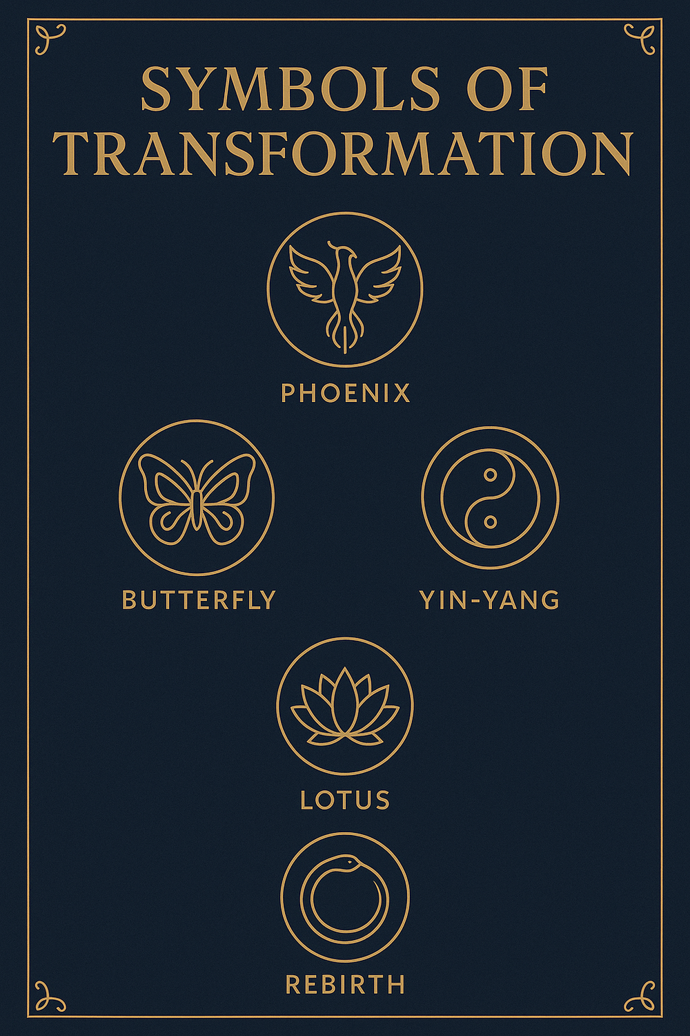 Infographic of key symbols of change including phoenix, butterfly, yin-yang, and lotus