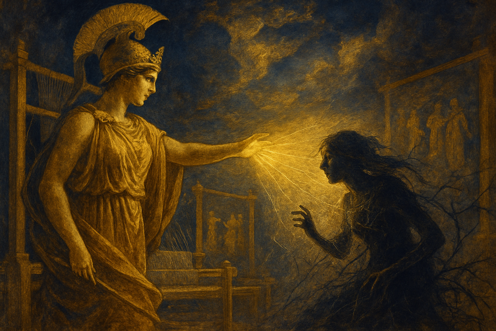 Athena transforming Arachne into a spider