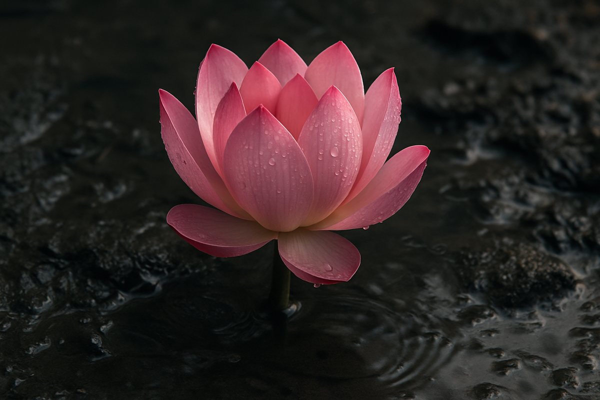 Pink lotus flower blooming out of dark muddy water symbolizing purity rising from struggle