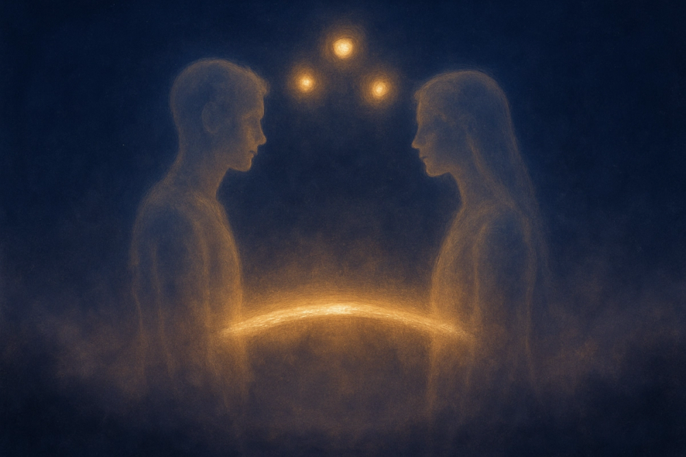 Twin flame connection illuminated by golden light