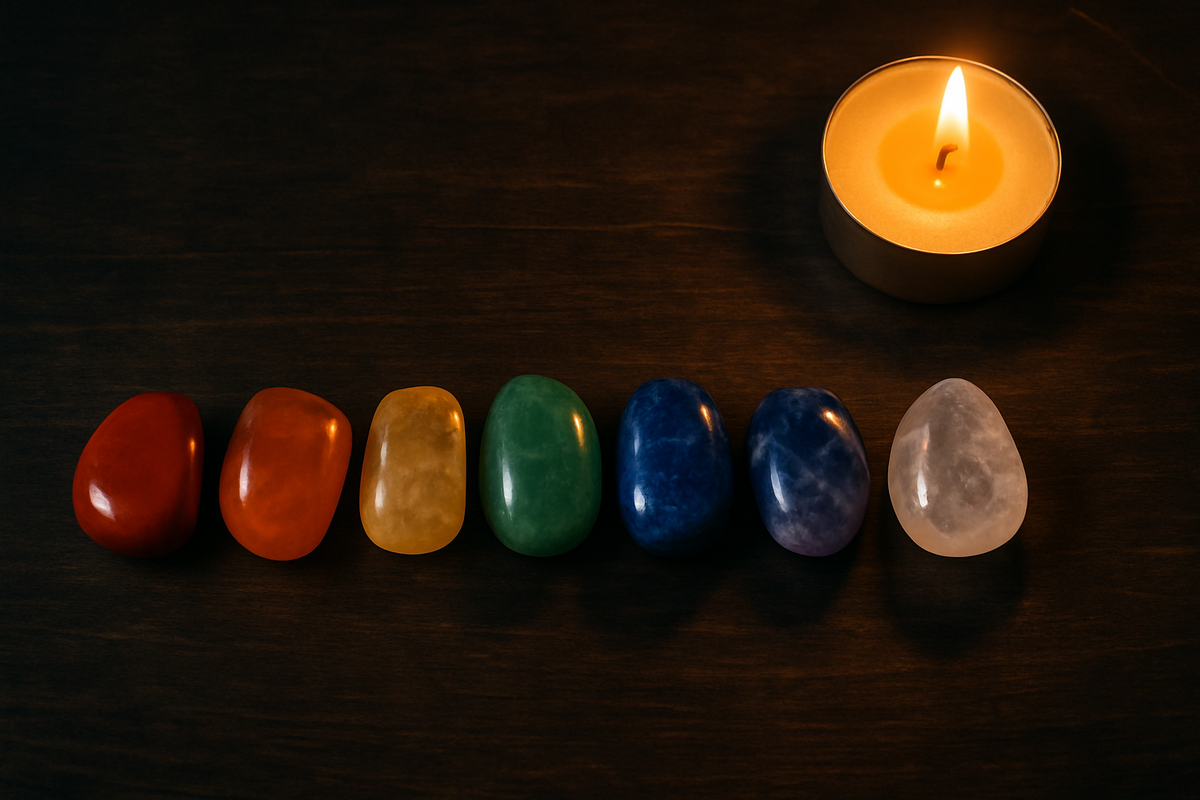 Rainbow of chakra healing crystals arranged from red to violet