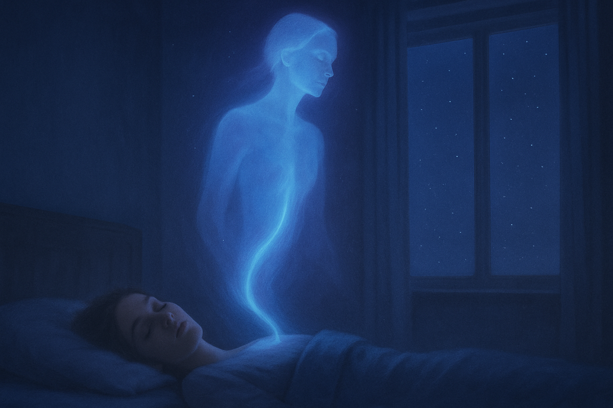 Ethereal astral silhouette rising from a sleeping body toward the night sky