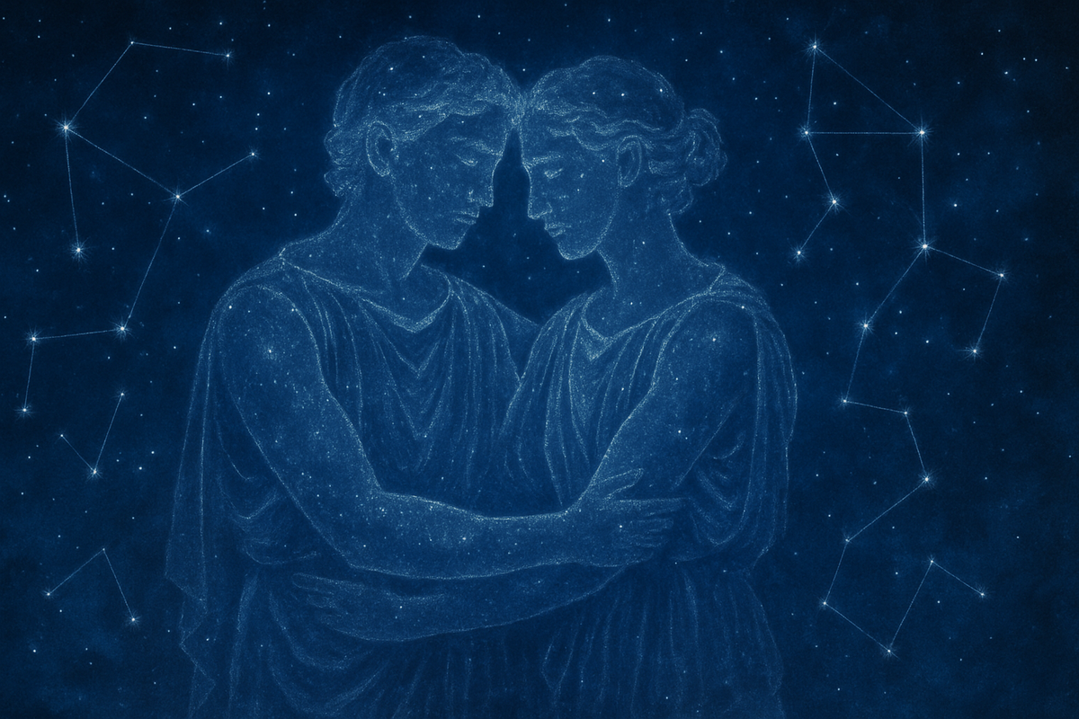 Constellation depicting the twins Castor and Pollux embracing among the stars
