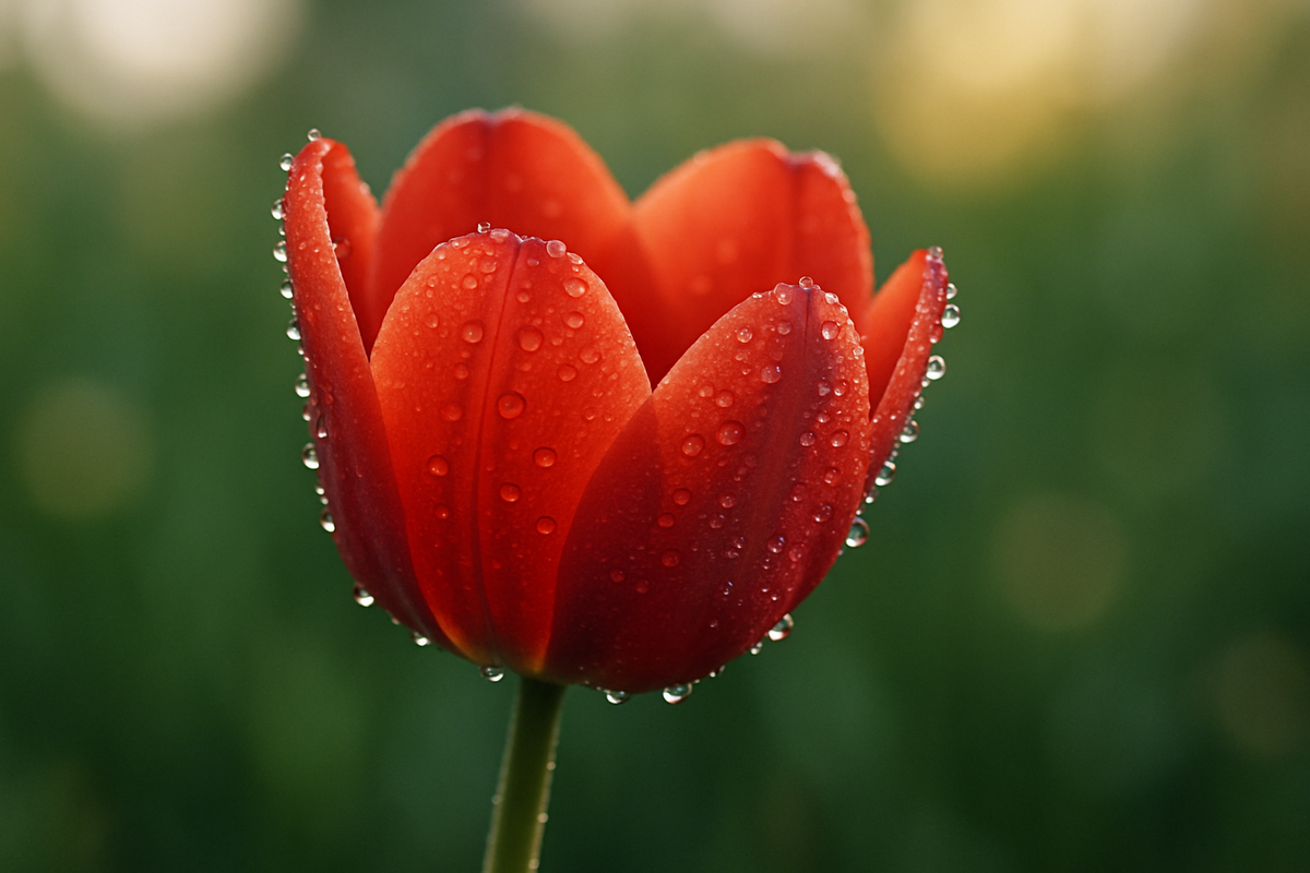 Close-up of a red tulip with dew drops symbolizing love and new beginnings